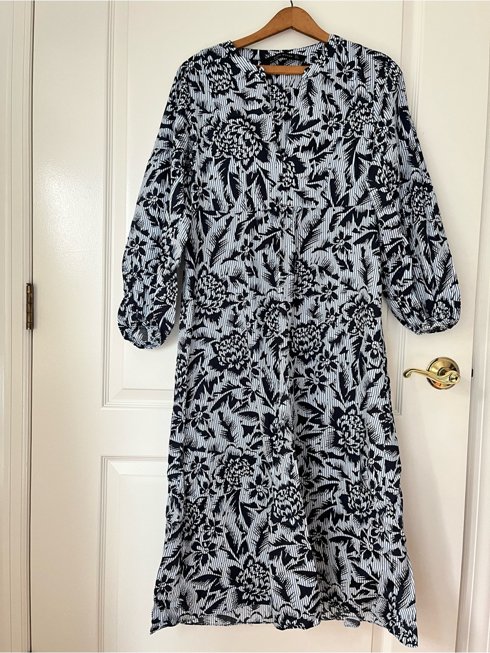 Zara Black and White Floral Stripe Midi Dress